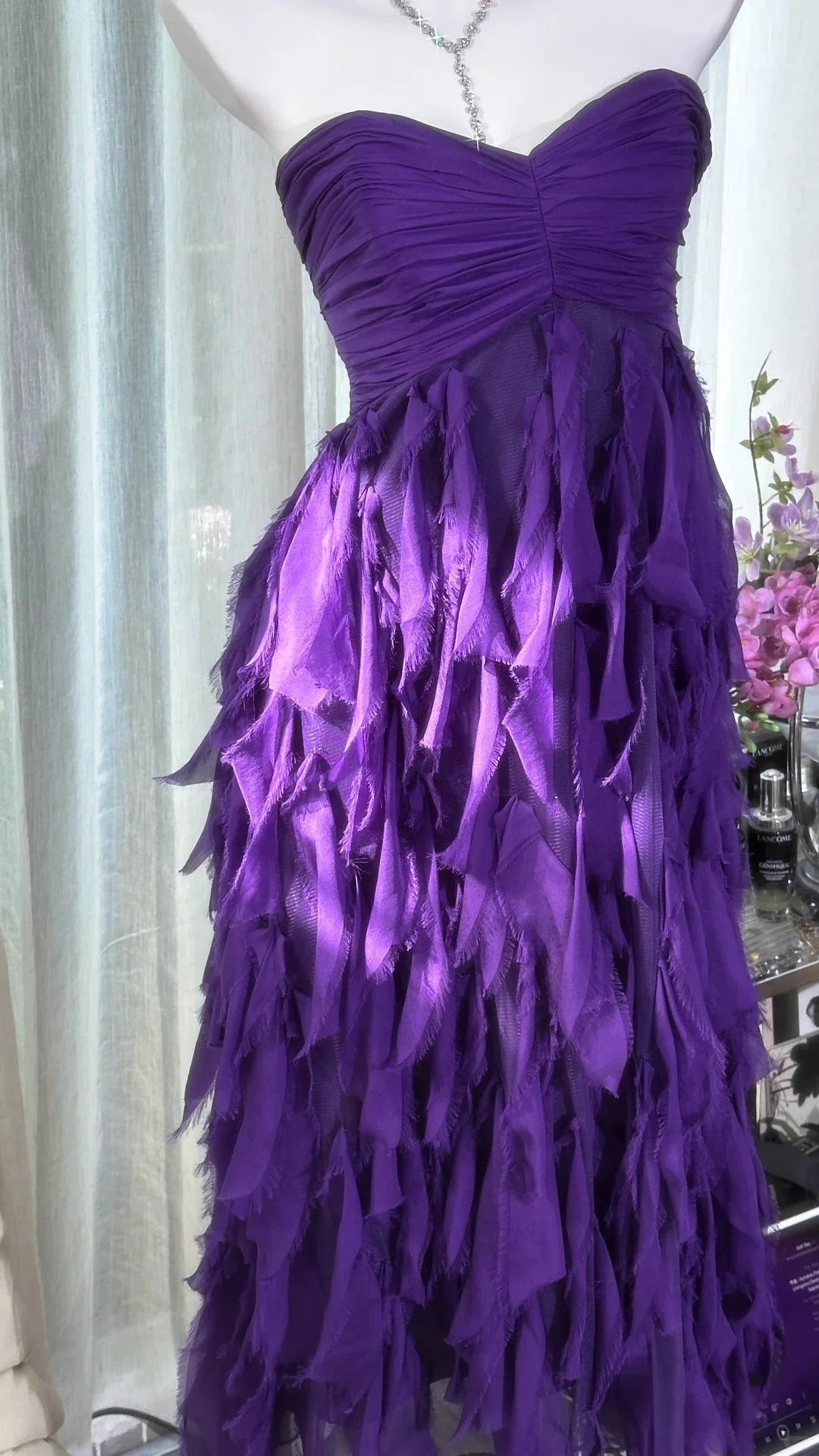 Purple strapless layered chiffon mid length dress for dance party