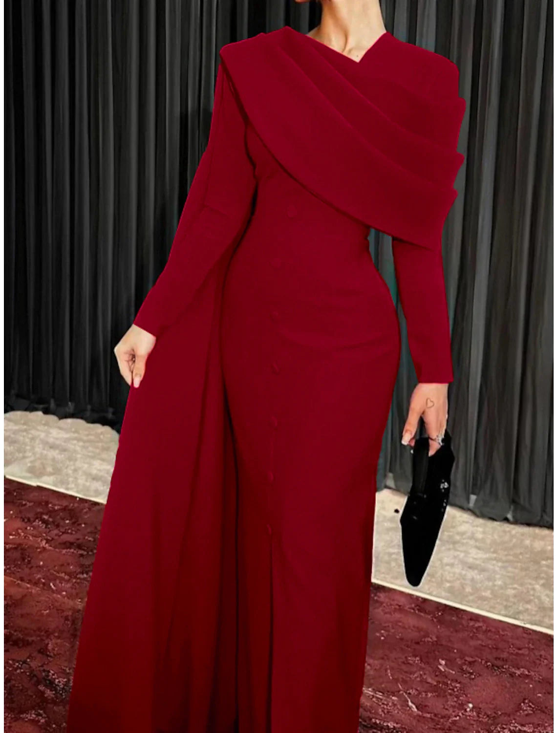 Red Black Christmas Red Green Dress Evening Gown Elegant Cape Dress Formal Fall Sweep / Brush Train Long Sleeve Cowl Neck Stretch Fabric with Buttons Slit simple gentle atmospheric and unique desi Bring summer colors to enhance whiteness