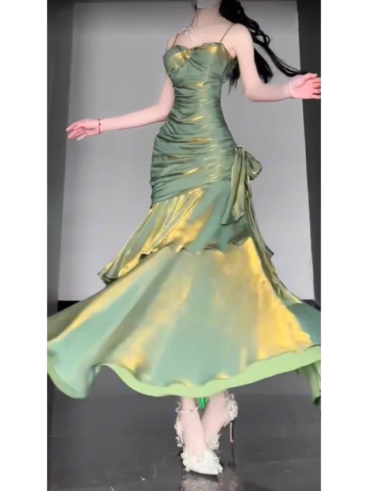 Retro Mermaid Spaghetti Straps Green Prom Dresses Birthday Outfits With Flower simple gentle atmospheric and unique desi Bring summer colors to enhance whiteness