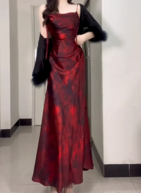 Retro Sheath Spaghetti Straps Ankle length Burgundy Floral Satin Prom Dresses Birthday Outfits simple gentle atmospheric and unique desi Bring summer colors to enhance whiteness