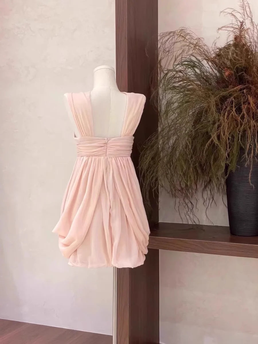Sexy A Line Ruffled Chiffon Pink Short Women's Holiday Dresses simple gentle atmospheric and unique desi Bring summer colors to enhance whiteness