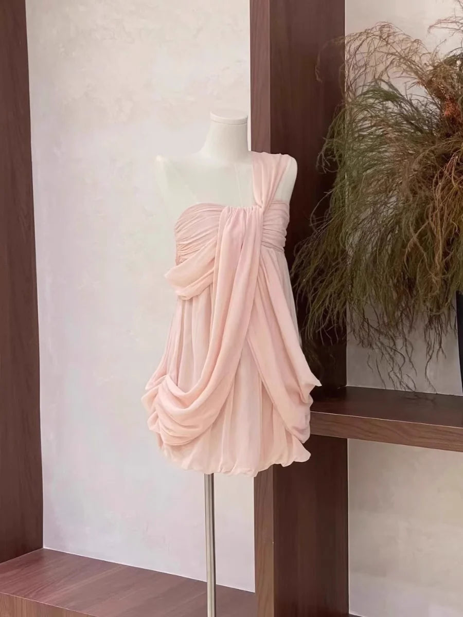 Sexy A Line Ruffled Chiffon Pink Short Women's Holiday Dresses simple gentle atmospheric and unique desi Bring summer colors to enhance whiteness