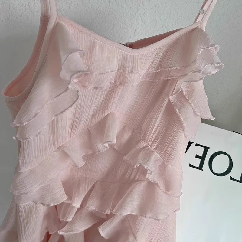 Sexy A Line Straps Ruffled Chiffon Pink Short Women's Holiday Dresses simple gentle atmospheric and unique desi Bring summer colors to enhance whiteness