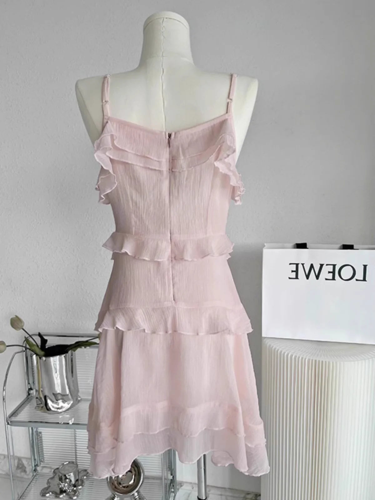Sexy A Line Straps Ruffled Chiffon Pink Short Women's Holiday Dresses simple gentle atmospheric and unique desi Bring summer colors to enhance whiteness