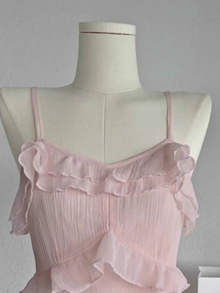 Sexy A Line Straps Ruffled Chiffon Pink Short Women's Holiday Dresses simple gentle atmospheric and unique desi Bring summer colors to enhance whiteness