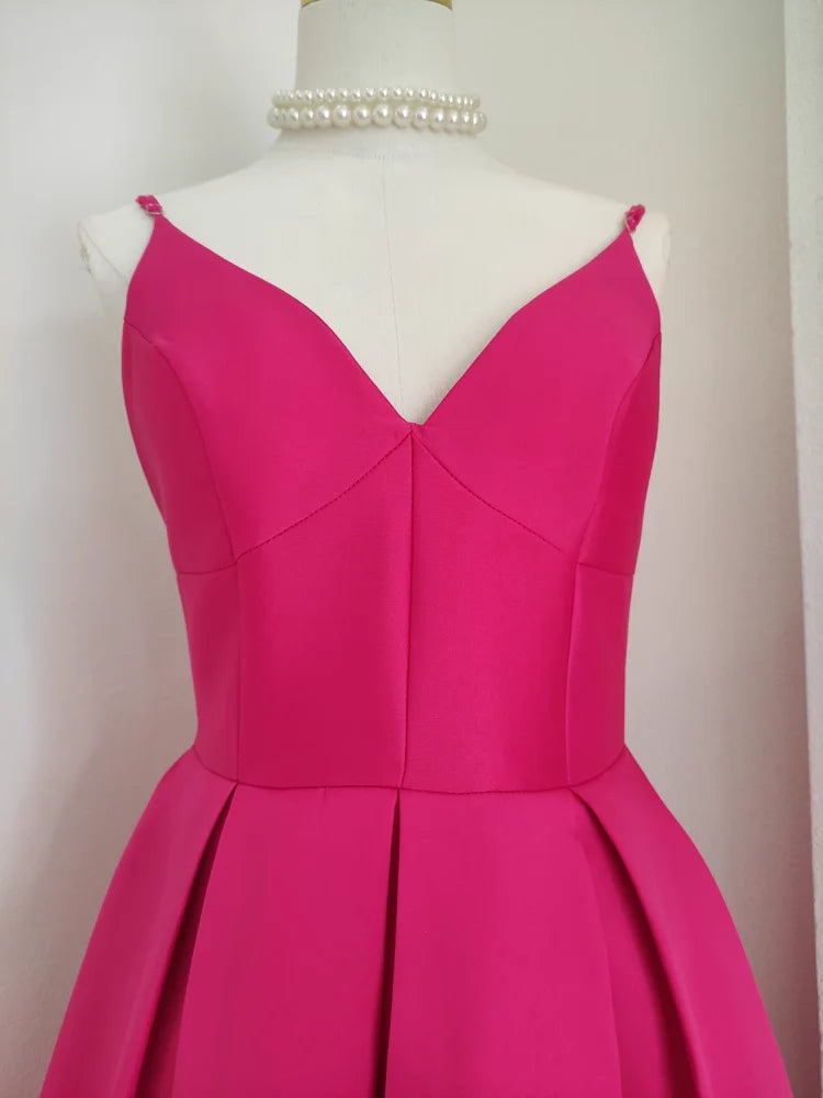 Sexy A line Spaghetti Straps Hot Pink Vacation Dress Satin Women Birthday Dresses simple gentle atmospheric and unique desi Bring summer colors to enhance whiteness