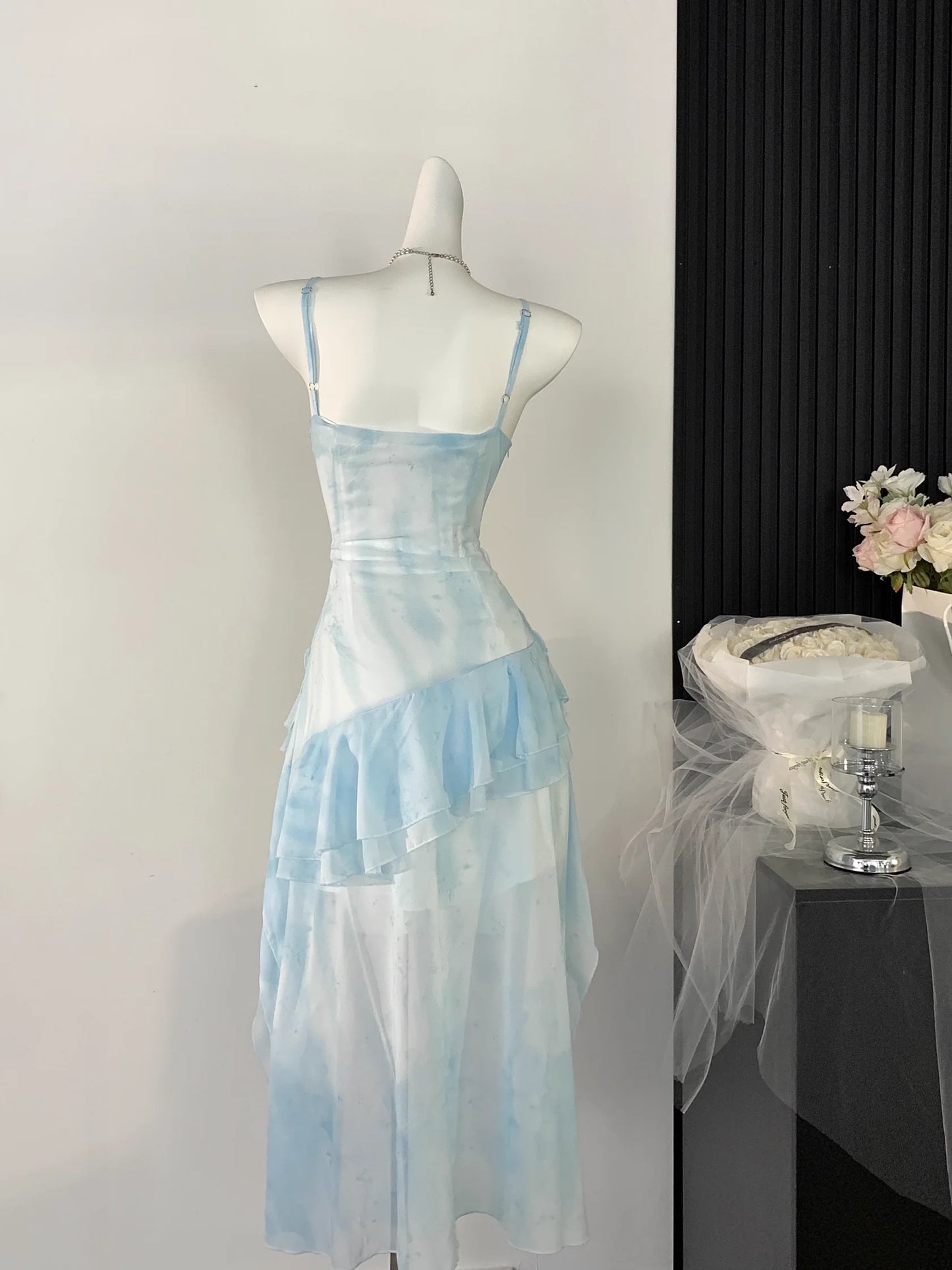 Sexy High Low Spaghetti Straps Ice Blue Ombre Dress Beach Holiday Dresses simple gentle atmospheric and unique desi Bring summer colors to enhance whiteness