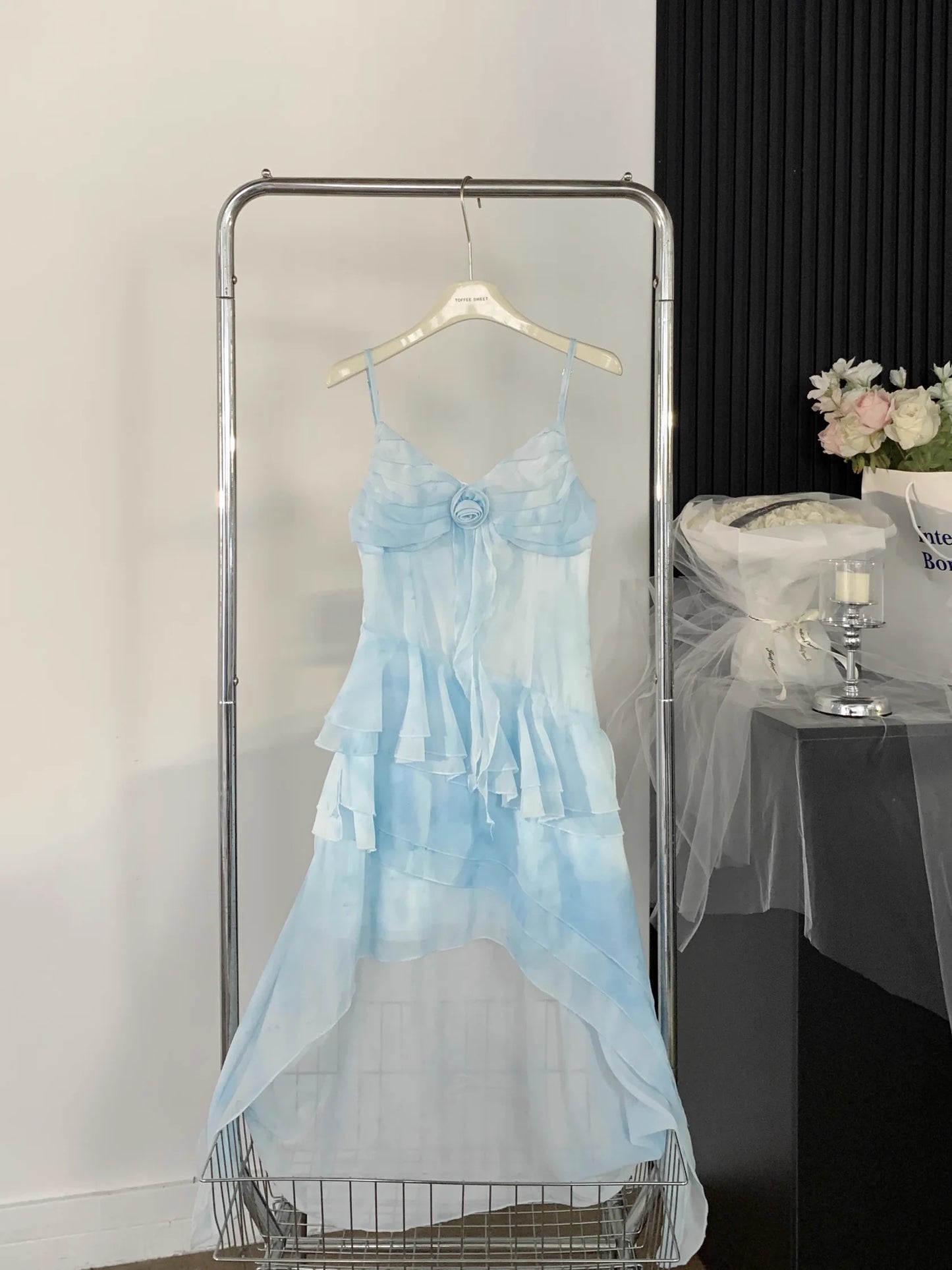 Sexy High Low Spaghetti Straps Ice Blue Ombre Dress Beach Holiday Dresses simple gentle atmospheric and unique desi Bring summer colors to enhance whiteness