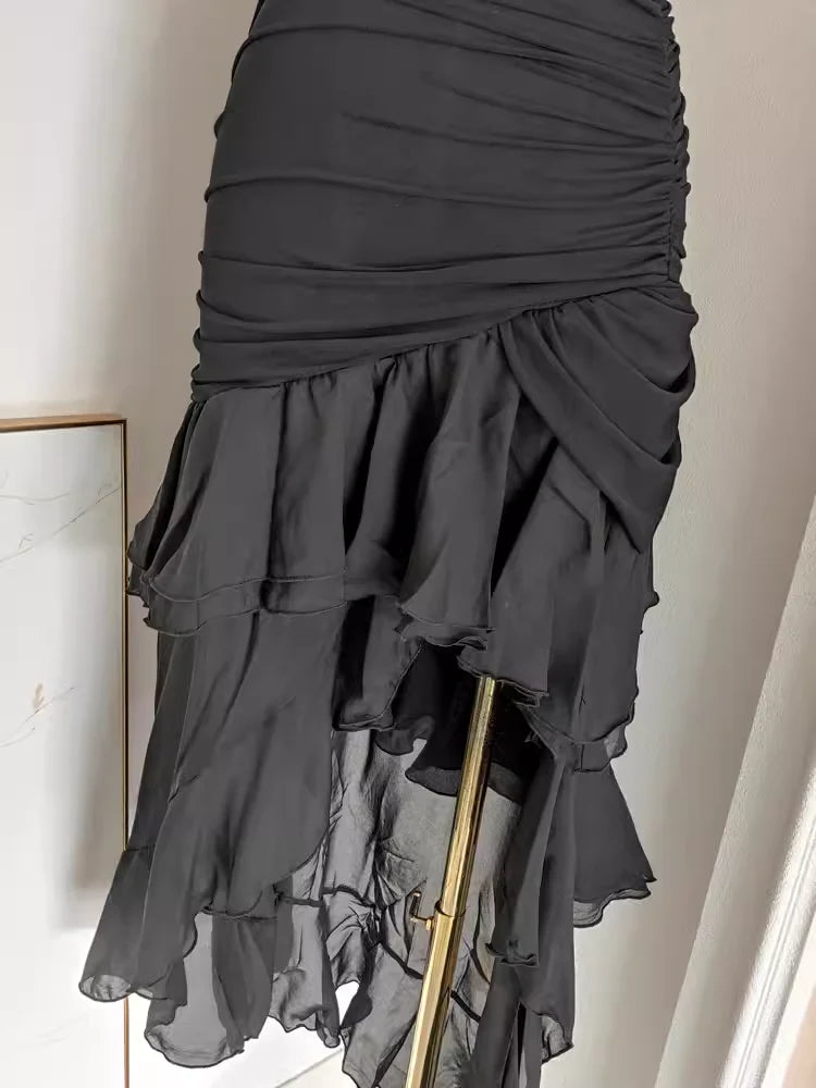 Sexy High Low Strapless Black Chiffon Ruffles Vacation Dress Women Dresses simple gentle atmospheric and unique desi Bring summer colors to enhance whiteness