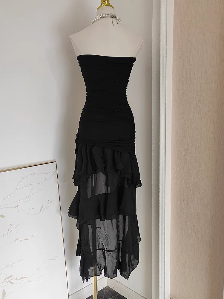 Sexy High Low Strapless Black Chiffon Ruffles Vacation Dress Women Dresses simple gentle atmospheric and unique desi Bring summer colors to enhance whiteness