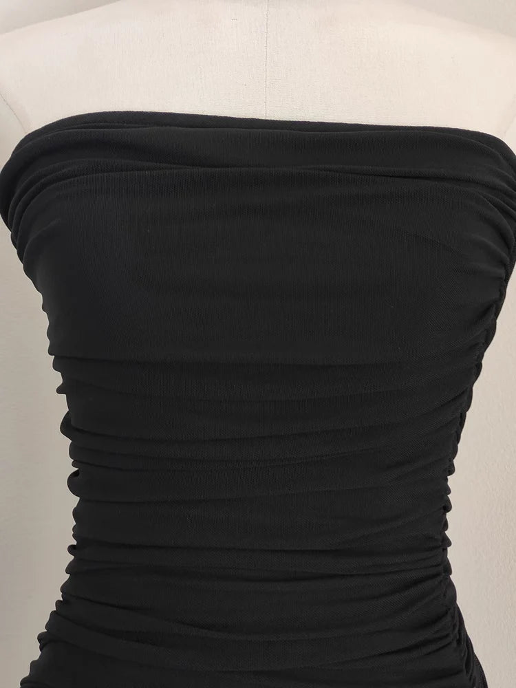 Sexy High Low Strapless Black Chiffon Ruffles Vacation Dress Women Dresses simple gentle atmospheric and unique desi Bring summer colors to enhance whiteness