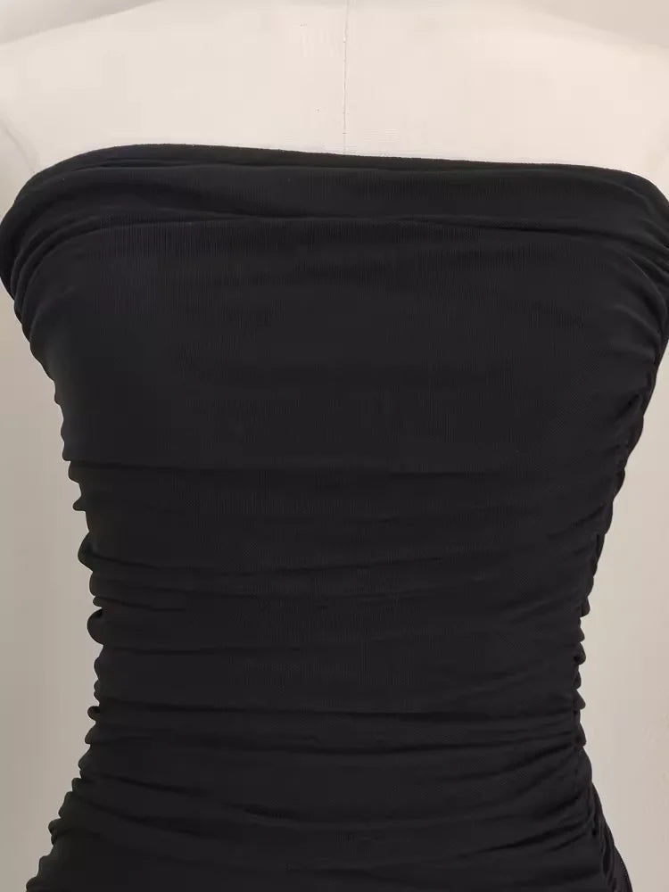 Sexy High Low Strapless Black Chiffon Ruffles Vacation Dress Women Dresses simple gentle atmospheric and unique desi Bring summer colors to enhance whiteness