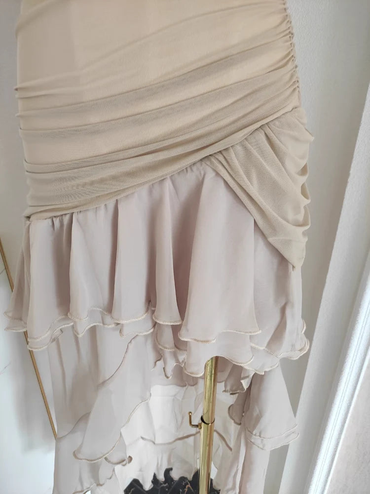 Sexy High Low Strapless Champagne Chiffon Ruffles Vacation Dress Women Dresses simple gentle atmospheric and unique desi Bring summer colors to enhance whiteness