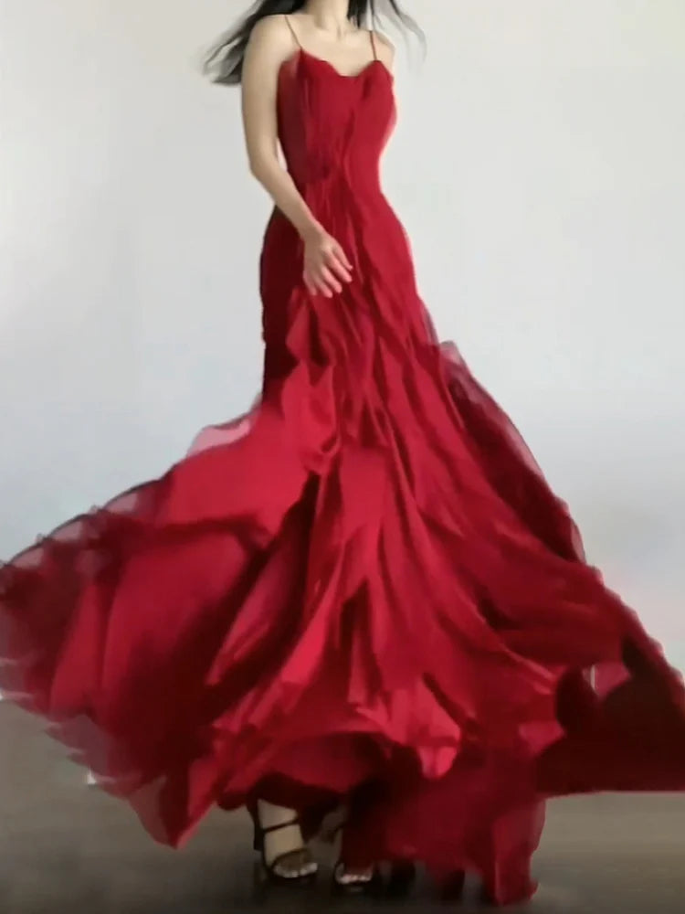 Sexy Mermaid Spaghetti Straps Red Chiffon Ruffles Birthday Dresses Long Prom Dress simple gentle atmospheric and unique desi Bring summer colors to enhance whiteness