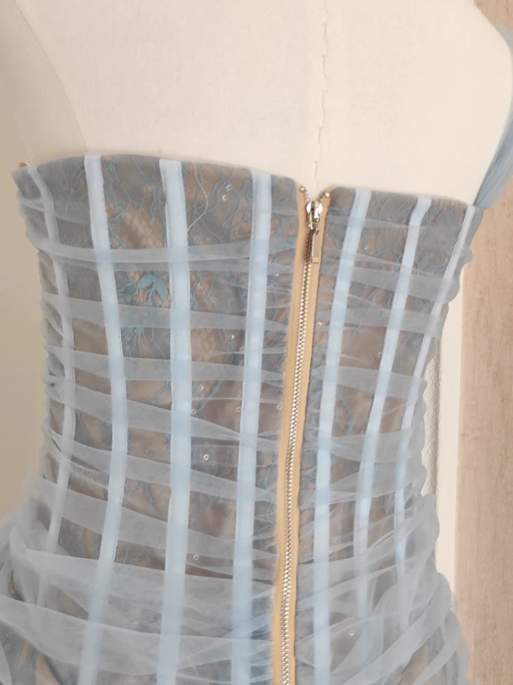 Sexy Sheath One Shoulder Light Sky Blue Tulle Lace Dinner Party Dresses Birthday Outfits simple gentle atmospheric and unique desi Bring summer colors to enhance whiteness