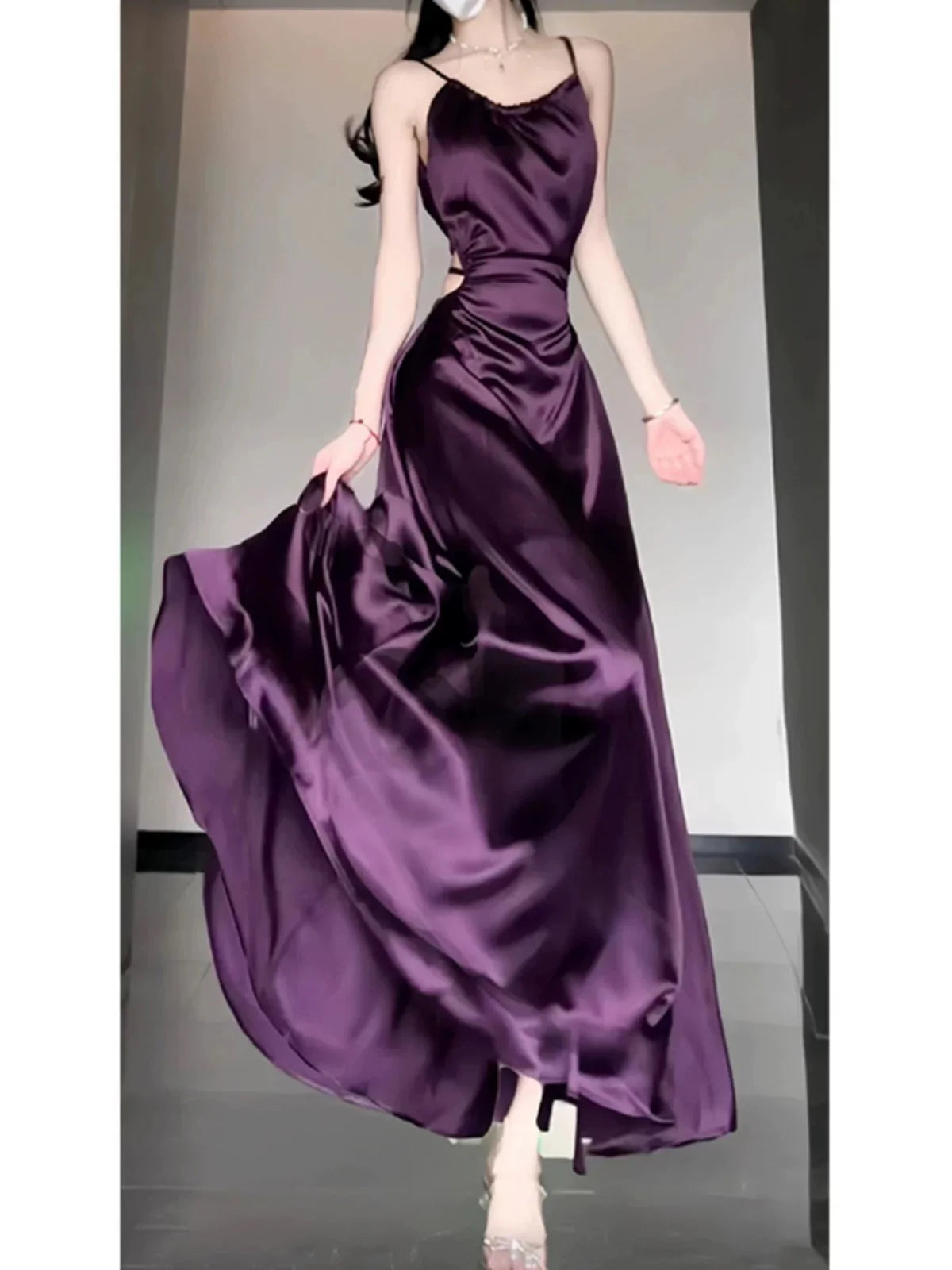Sexy Sheath Spaghetti Straps Grape Satin Birthday Dresses Night Party Dress simple gentle atmospheric and unique desi Bring summer colors to enhance whiteness