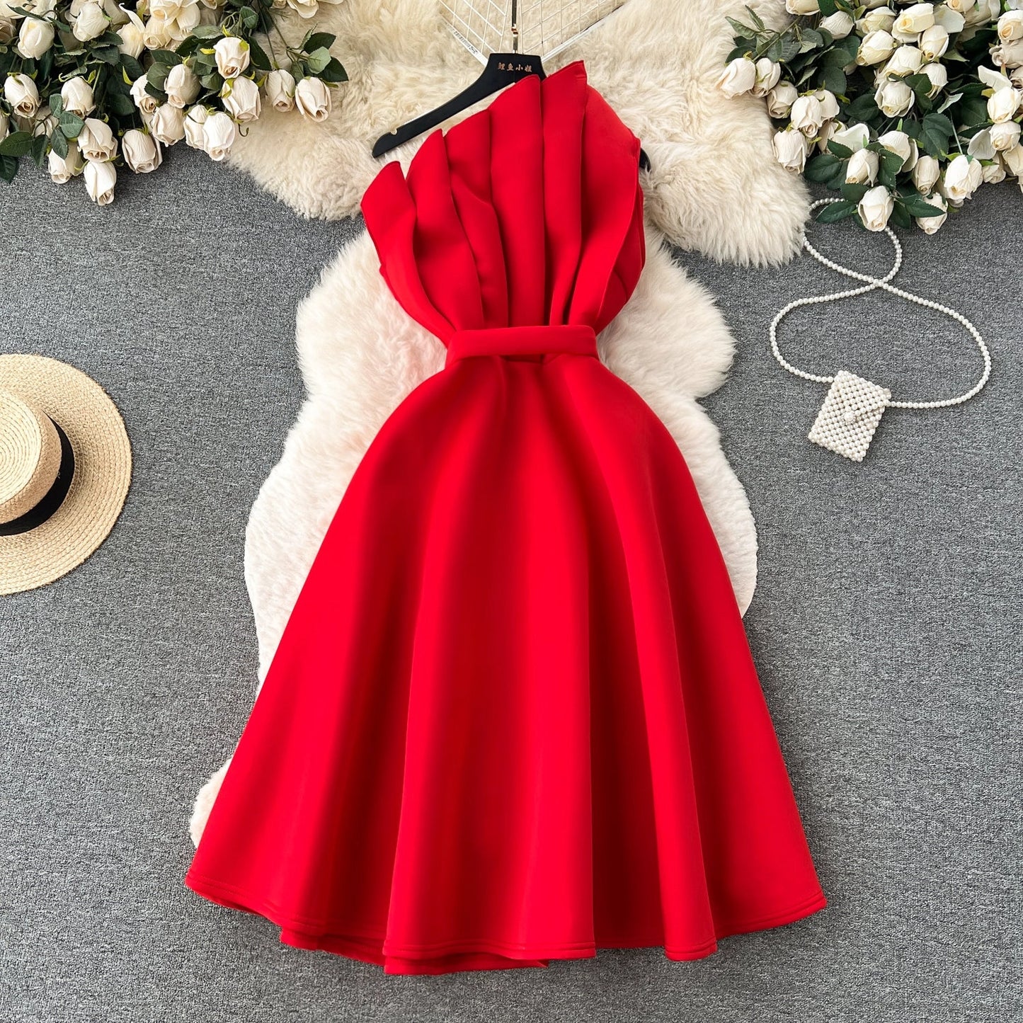 Simple A line One Shoulder Ruffles Holiday Dresses Midi Length Women's Dress simple gentle atmospheric and unique desi Bring summer colors to enhance whiteness