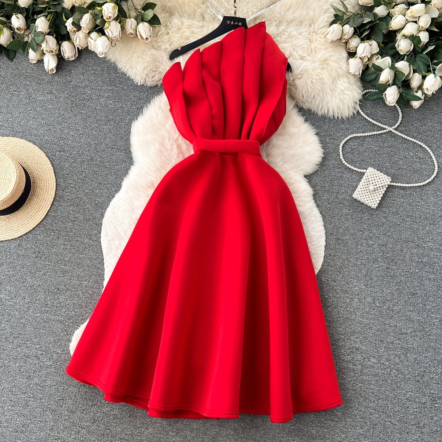 Simple A line One Shoulder Ruffles Holiday Dresses Midi Length Women's Dress simple gentle atmospheric and unique desi Bring summer colors to enhance whiteness