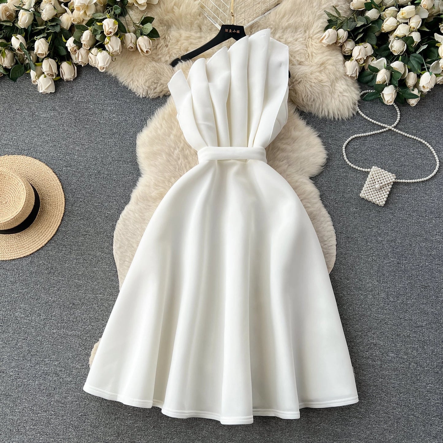 Simple A line One Shoulder Ruffles White Holiday Dresses Midi Length Women's Dress simple gentle atmospheric and unique desi Bring summer colors to enhance whiteness