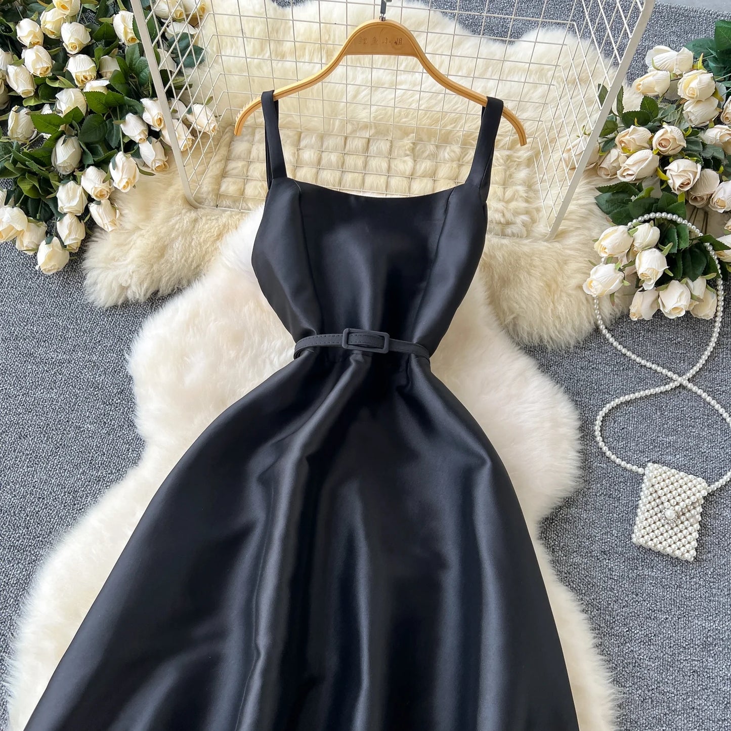 Simple A line Straps Black Satin Holiday Dresses Midi Length Women's Dress simple gentle atmospheric and unique desi Bring summer colors to enhance whiteness