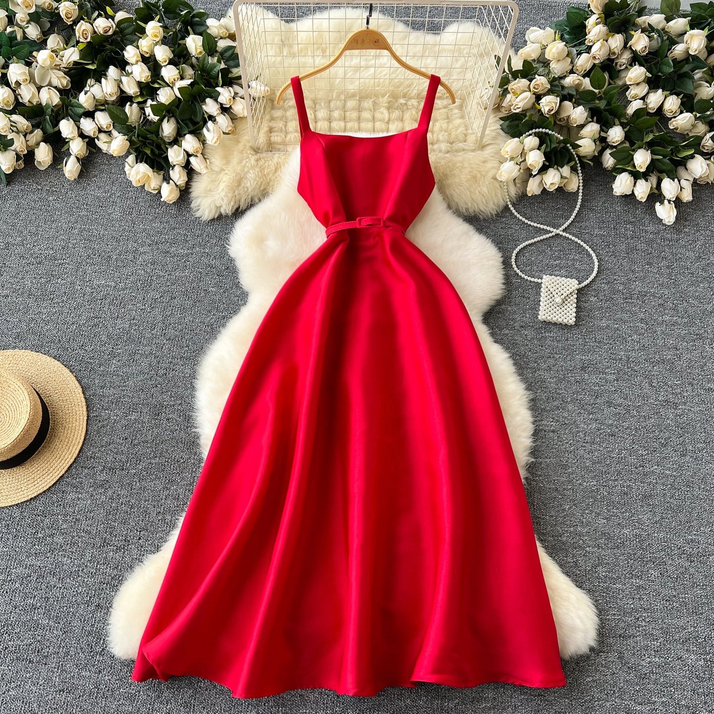 Simple A line Straps Red Holiday Dresses Midi Length Women's Dress simple gentle atmospheric and unique desi Bring summer colors to enhance whiteness