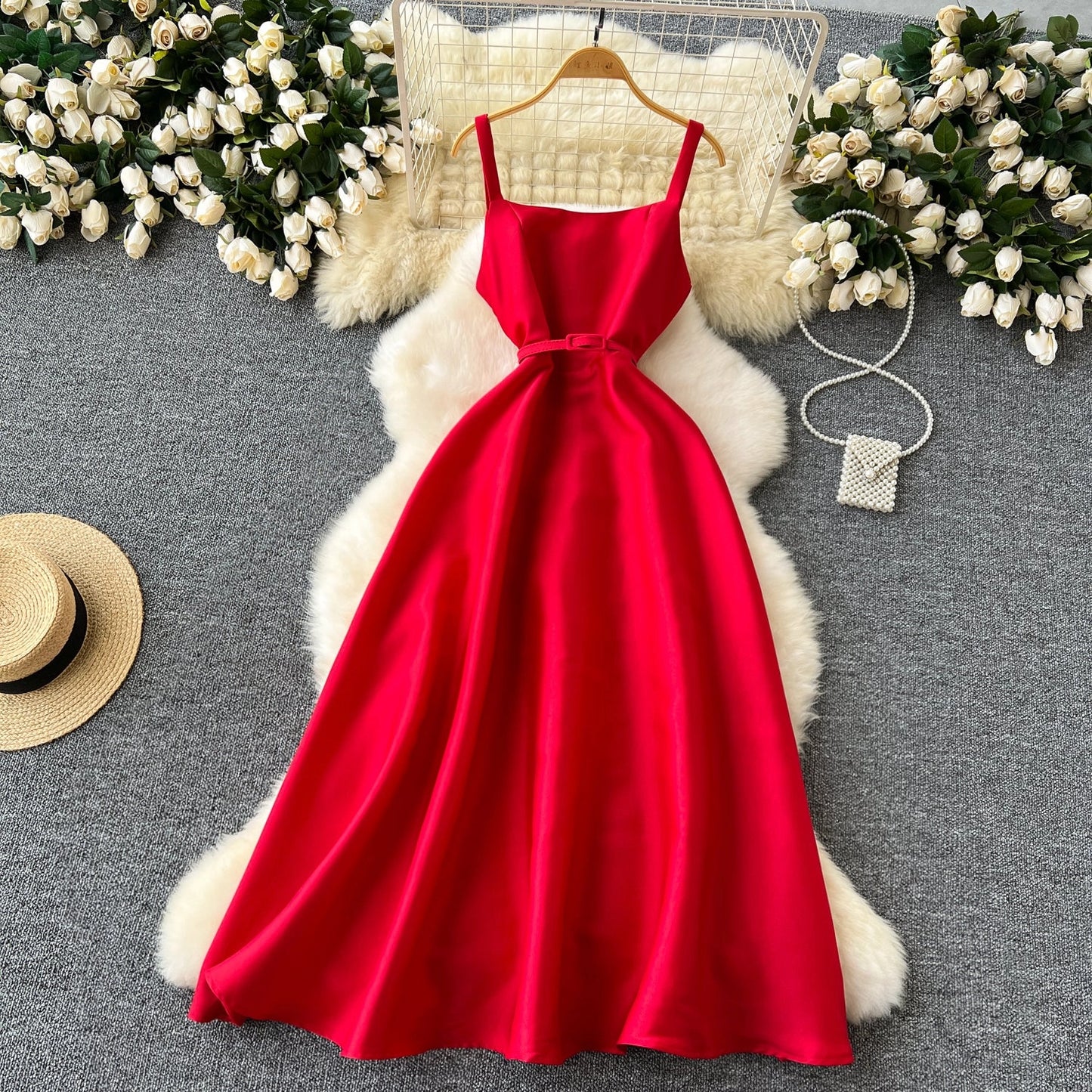 Simple A line Straps Red Holiday Dresses Midi Length Women's Dress simple gentle atmospheric and unique desi Bring summer colors to enhance whiteness