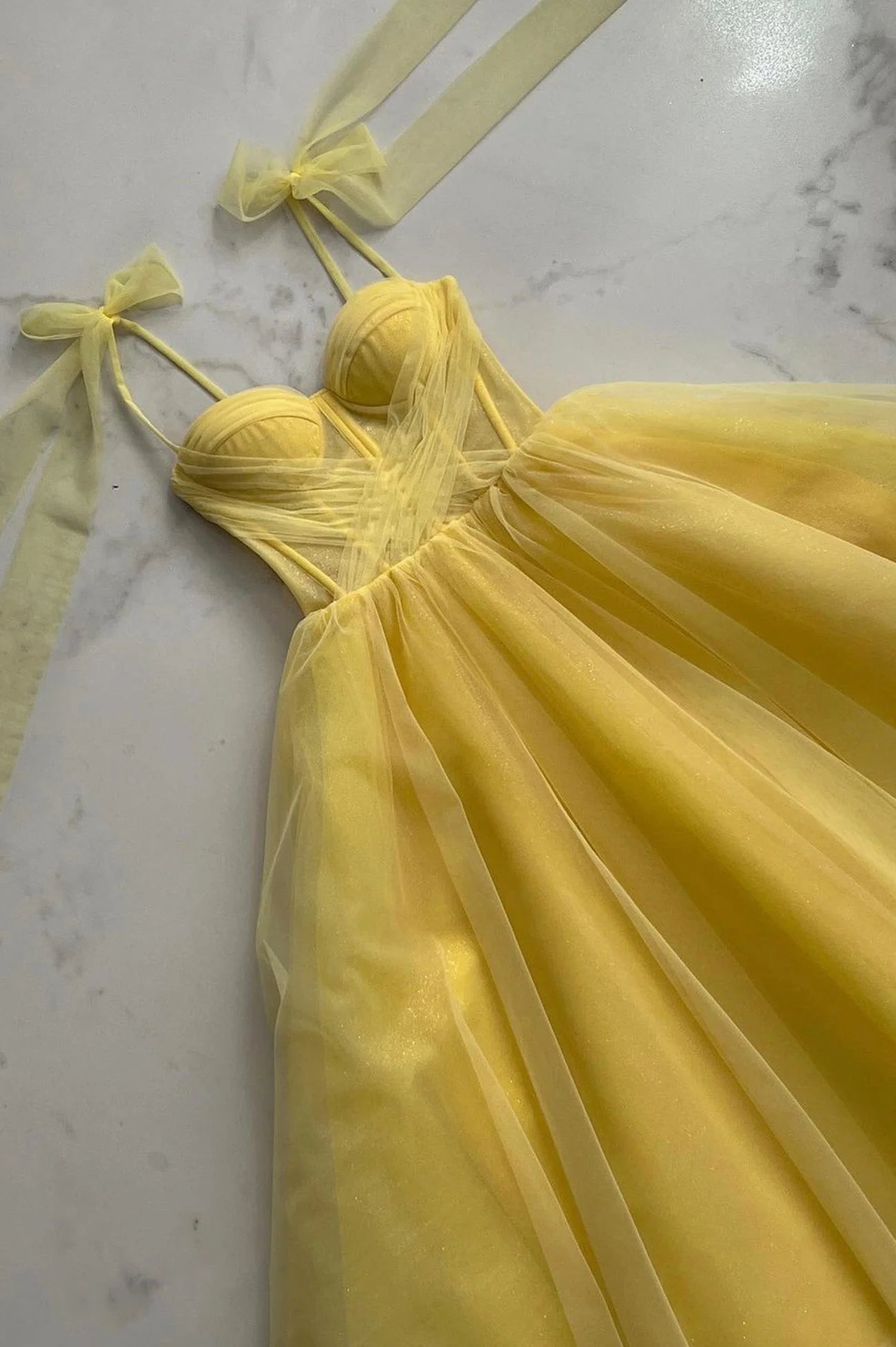 Yellow Tulle Long A-Line Evening Dress Cute Spaghetti Strap Prom Dress simple gentle atmospheric and unique desi Bring summer colors to enhance whitenes