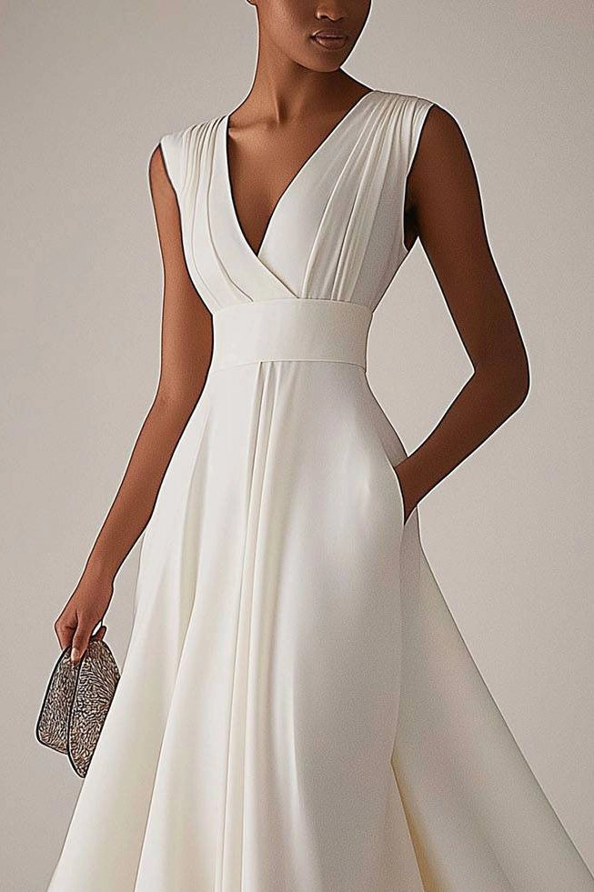 Evening Elegant Dress Sleeveless Deep V Neck Pleated Design Ball Gown Maxi Dress