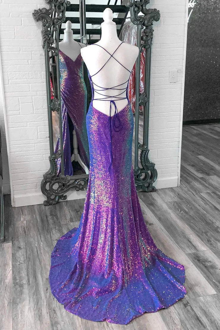 Charming Mermaid Purple Sequins V Neck Long Prom Dress with Slit