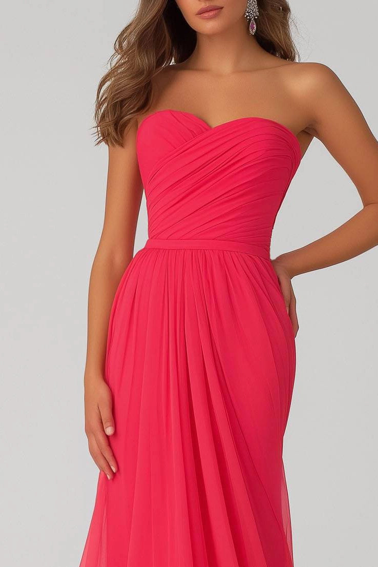 Formal Evening Strapless Dress Rose Chiffon Floor-Length Gown