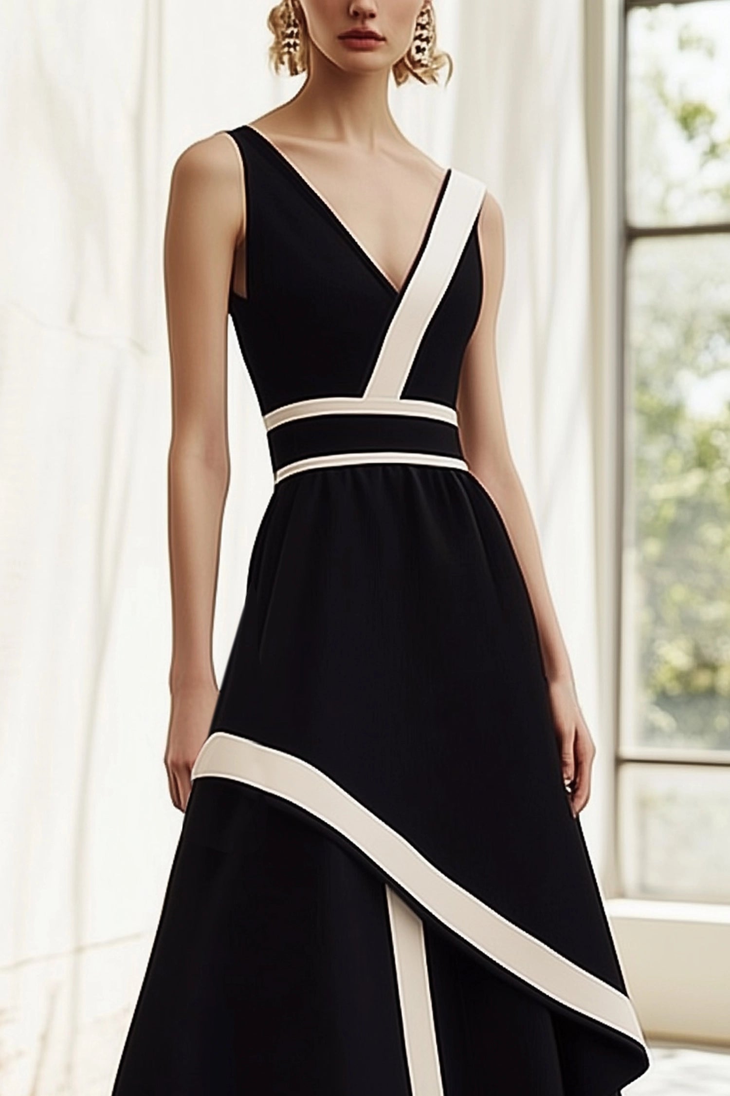 Cocktail Evening Dress Black and White V-Neck Flowy Maxi Dress Simple beautiful generous and full of charm