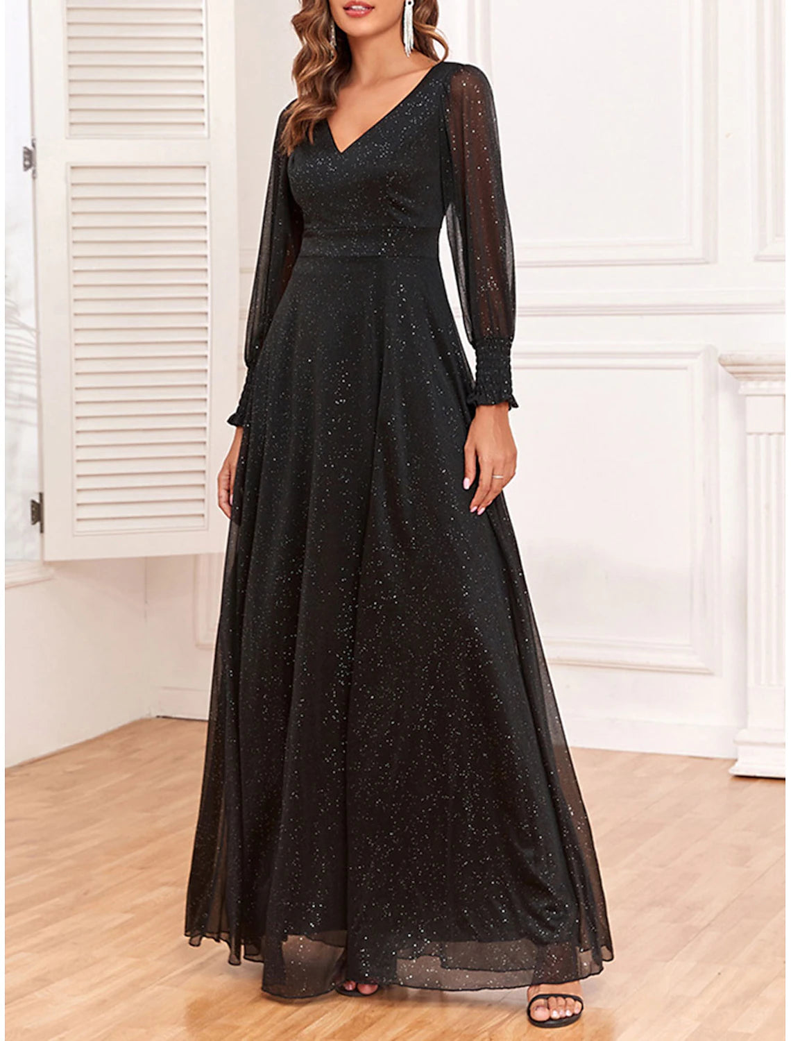 Women's Black Dress Prom Dress Party Dress Sparkly V Neck Long Sleeve Formal Winter Dress Formal Black Spring Fall