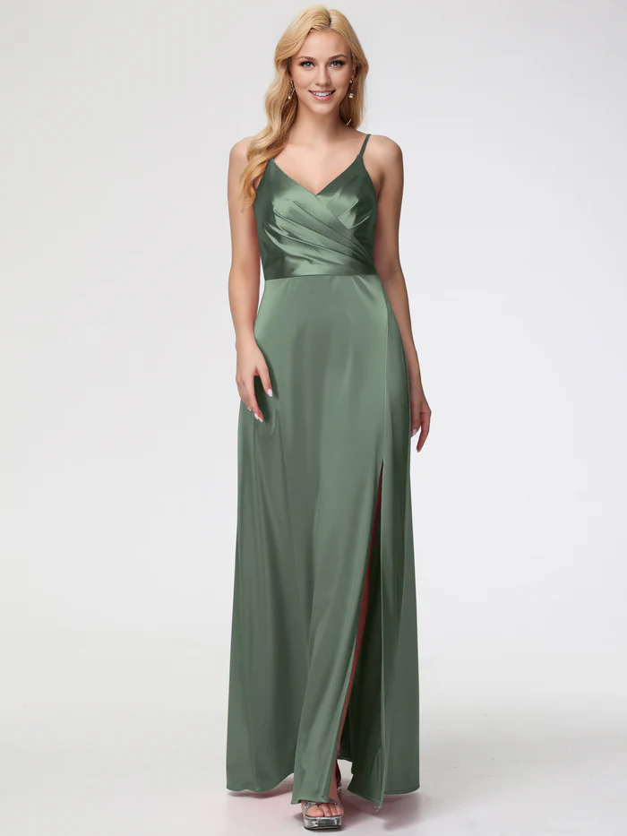 Prom Dress Olive Green Spaghetti Straps A-Line V-Neck Pleats Stretch Satin Prom Dresses