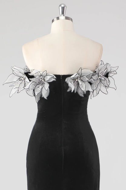 Mermaid Strapless Pleated Long Formal Dress With 3D Flowers