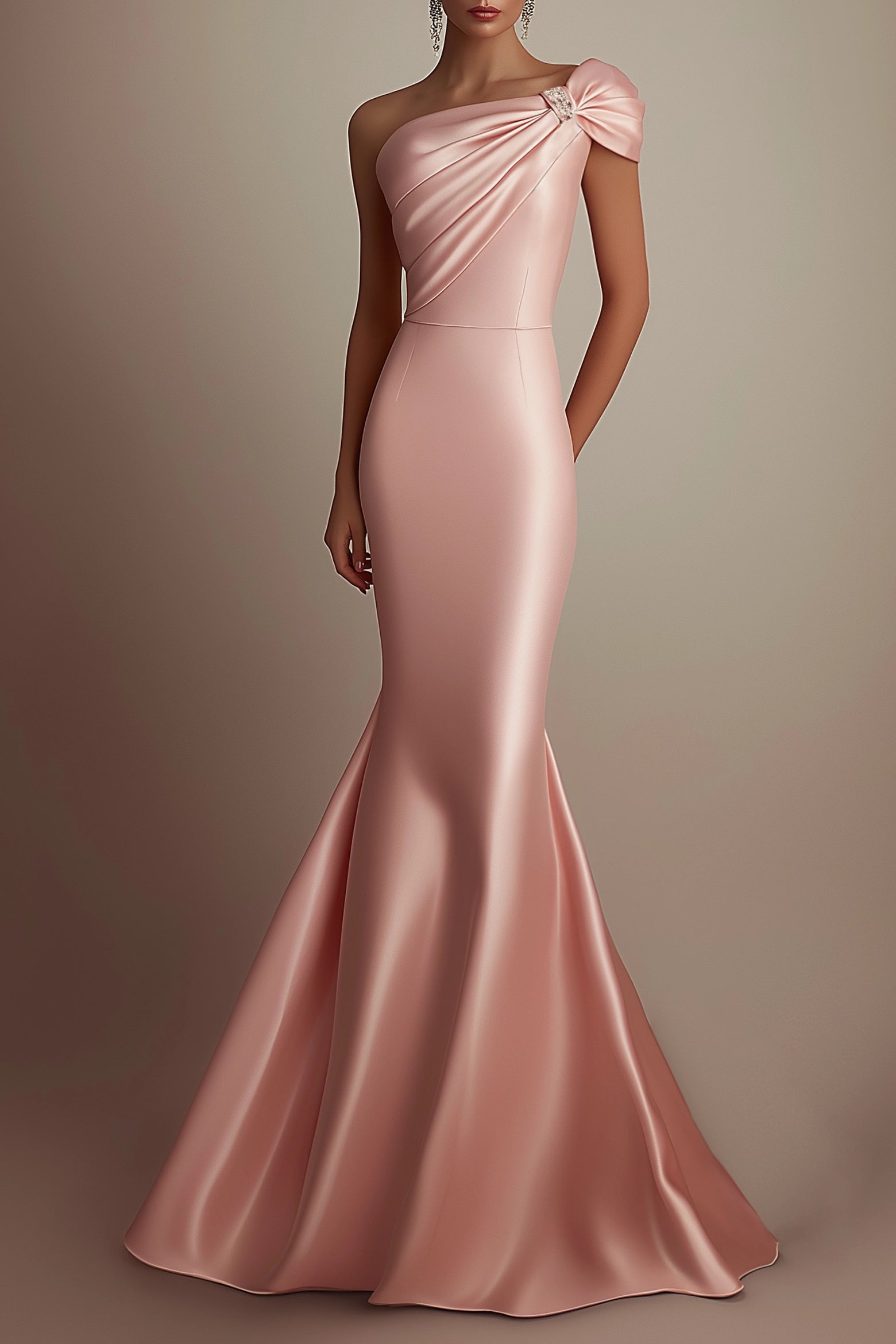 Evening Formal Satin Dress Light Pink One Shoulder Mermaid Floor-Length Gown