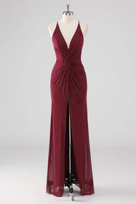 Sheath V-Neck Pleated Backless Beaded Long Formal Dress with Slit
