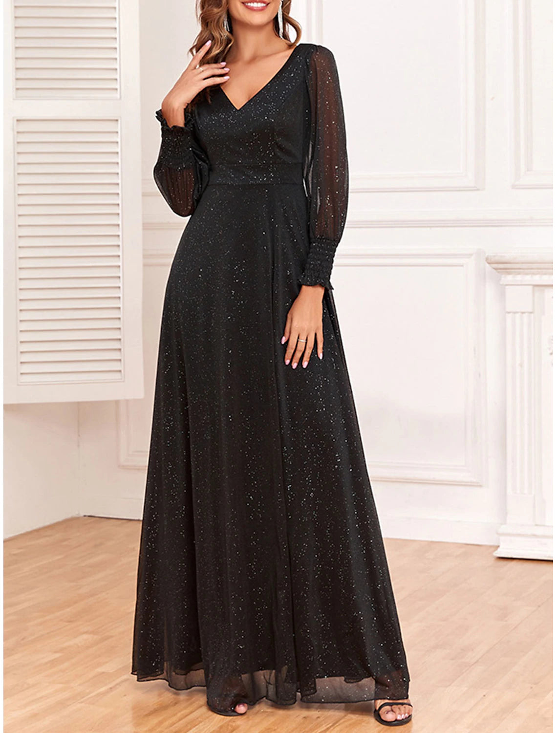 Women's Black Dress Prom Dress Party Dress Sparkly V Neck Long Sleeve Formal Winter Dress Formal Black Spring Fall