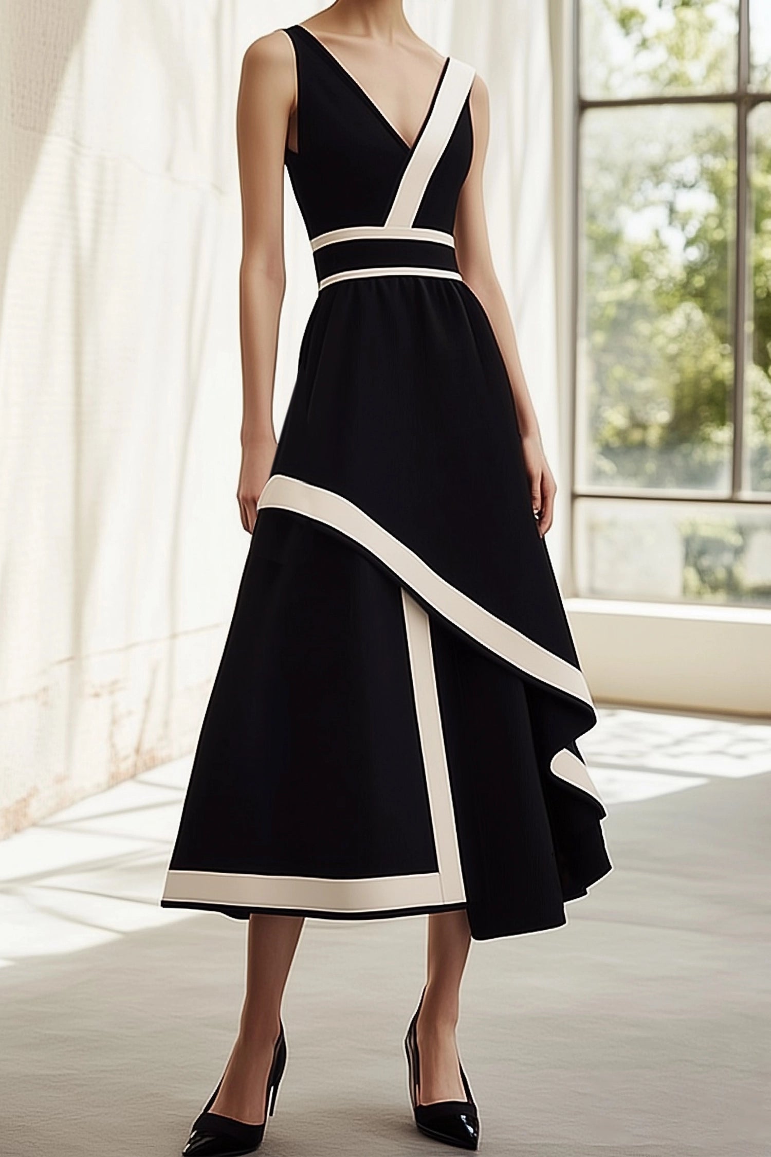 Cocktail Evening Dress Black and White V-Neck Flowy Maxi Dress Simple beautiful generous and full of charm