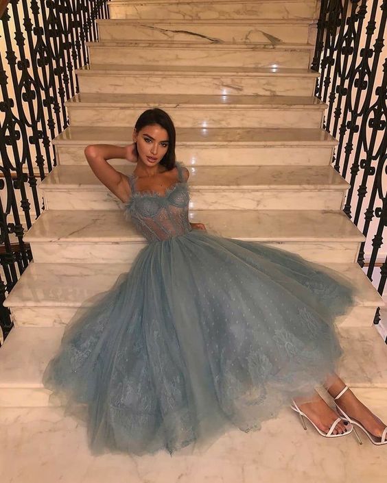 Gray Blue A Line Tulle Sweetheart Lace Prom Dresses, Evening Gowns