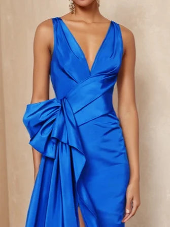 Blue Ruched V Neck Dresses Sleeveless A-Line Gown
