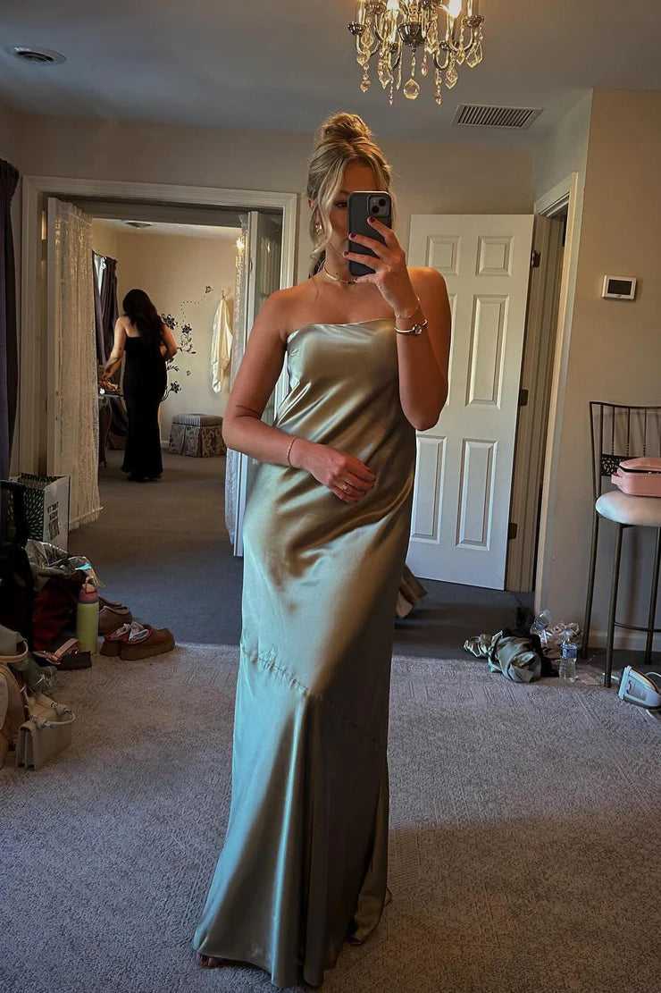 Chic Sheath Mermaid Strapless Sage Green Long Bridesmaid Dress