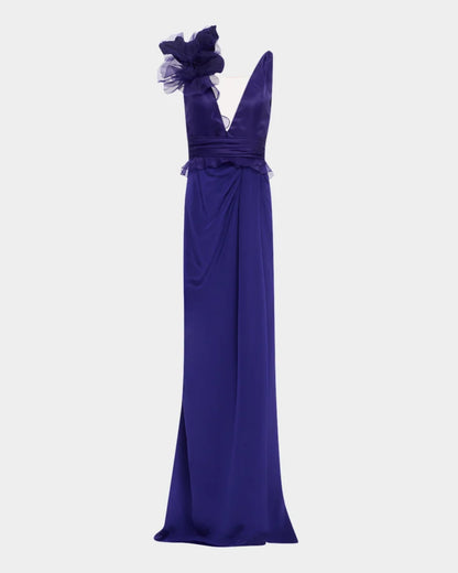 Draped Flower Ruffle Matte Crepe & Organza Gown Charming and unique design Beautiful generous simple