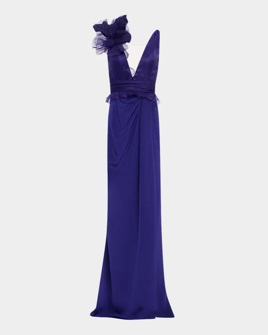 Draped Flower Ruffle Matte Crepe & Organza Gown Charming and unique design Beautiful generous simple