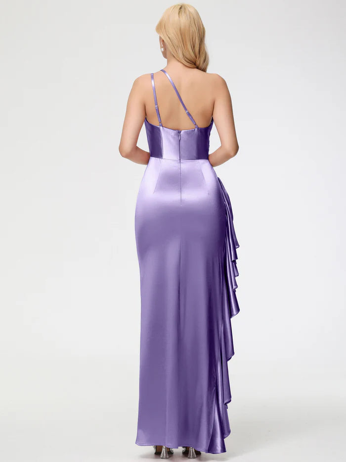 Tahiti Prom Dress Trumpet/Mermaid One Shoulder Sleeveless Pleats Ruffles Stretch Satin Prom Dresses