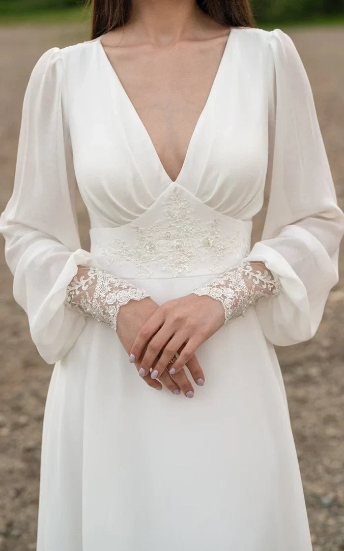 Ivory lace wedding dress long-sleeve button back long train gown lace & chiffon Wedding Dresses