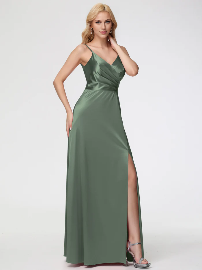 Prom Dress Olive Green Spaghetti Straps A-Line V-Neck Pleats Stretch Satin Prom Dresses