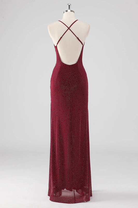 Sheath V-Neck Pleated Backless Beaded Long Formal Dress with Slit