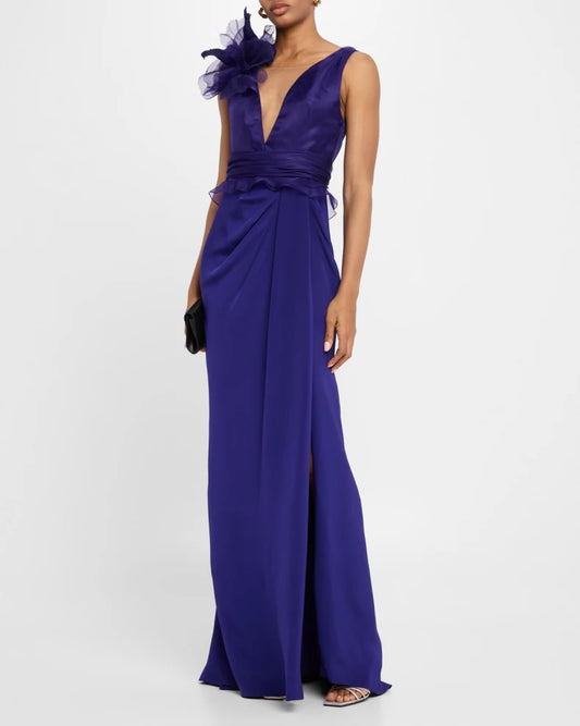 Draped Flower Ruffle Matte Crepe & Organza Gown Charming and unique design Beautiful generous simple