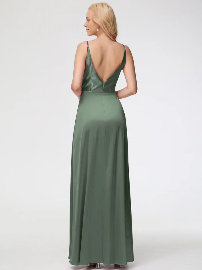 Prom Dress Olive Green Spaghetti Straps A-Line V-Neck Pleats Stretch Satin Prom Dresses