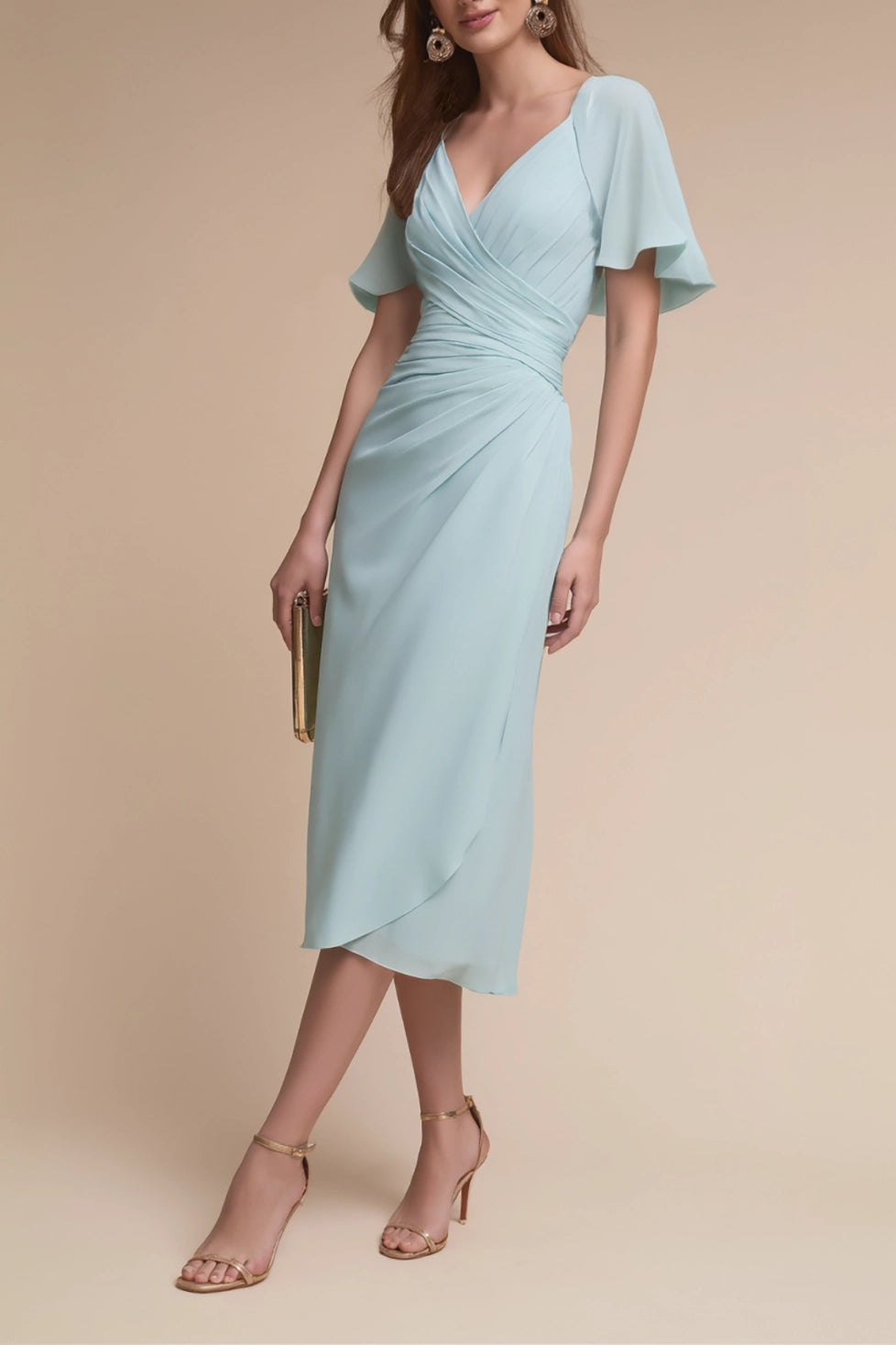 Simple beautiful generous and full of charm Prom Dress Wedding Guest Semi-Formal Dress Light Blue V-Neck Chiffon Midi Dress
